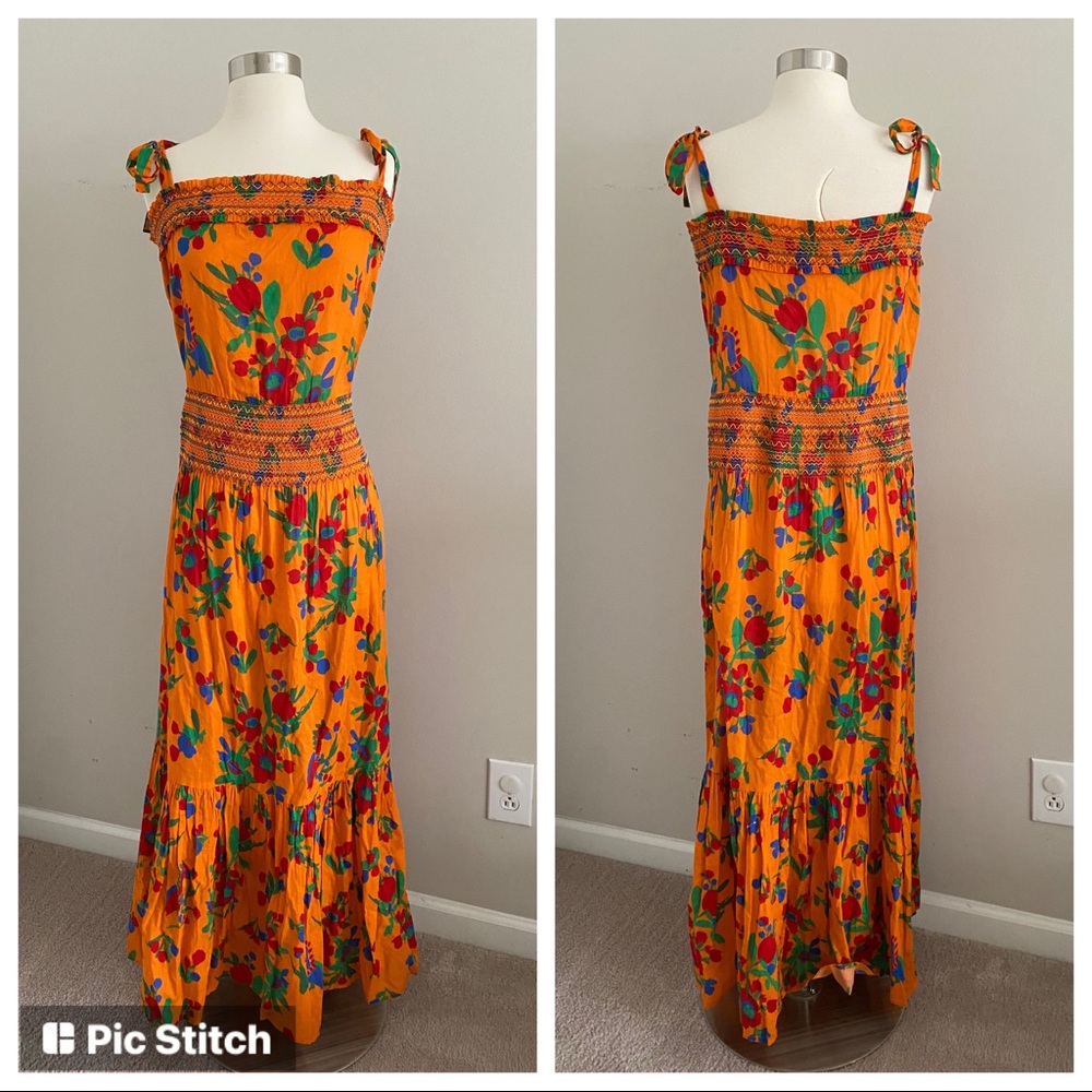 Tory Burch Orange Colorful Smocked Floral Sun Dress - Picture 4 of 7